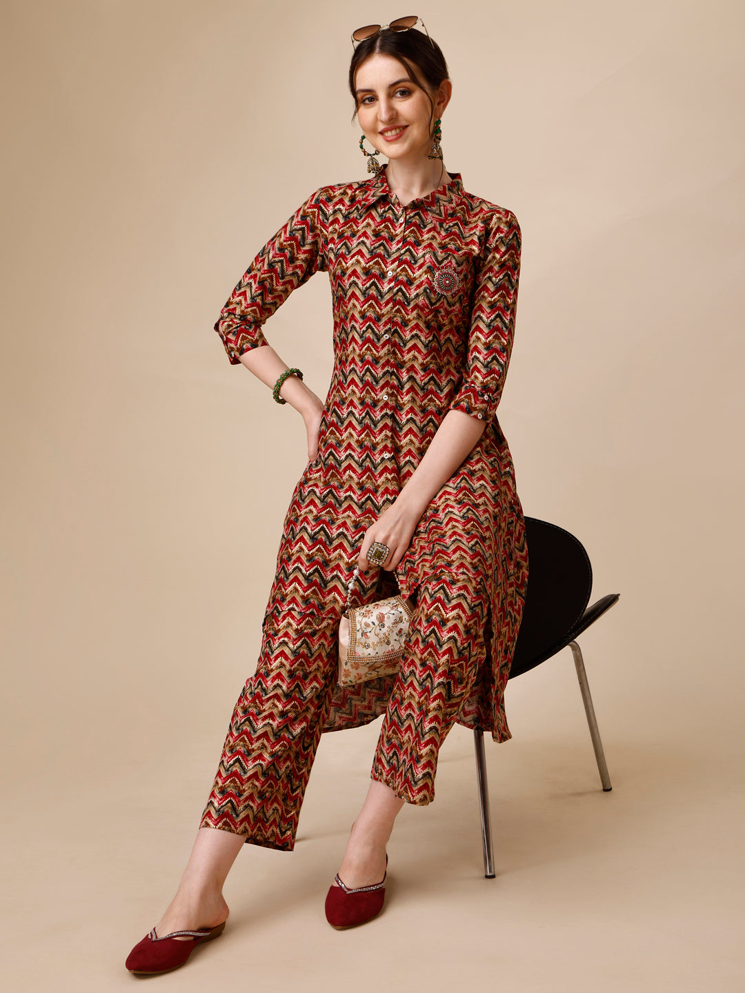 Placement Embroidered Chevron Printed Asymmetric Co-Ords, Multicolor - Hiral Fashion