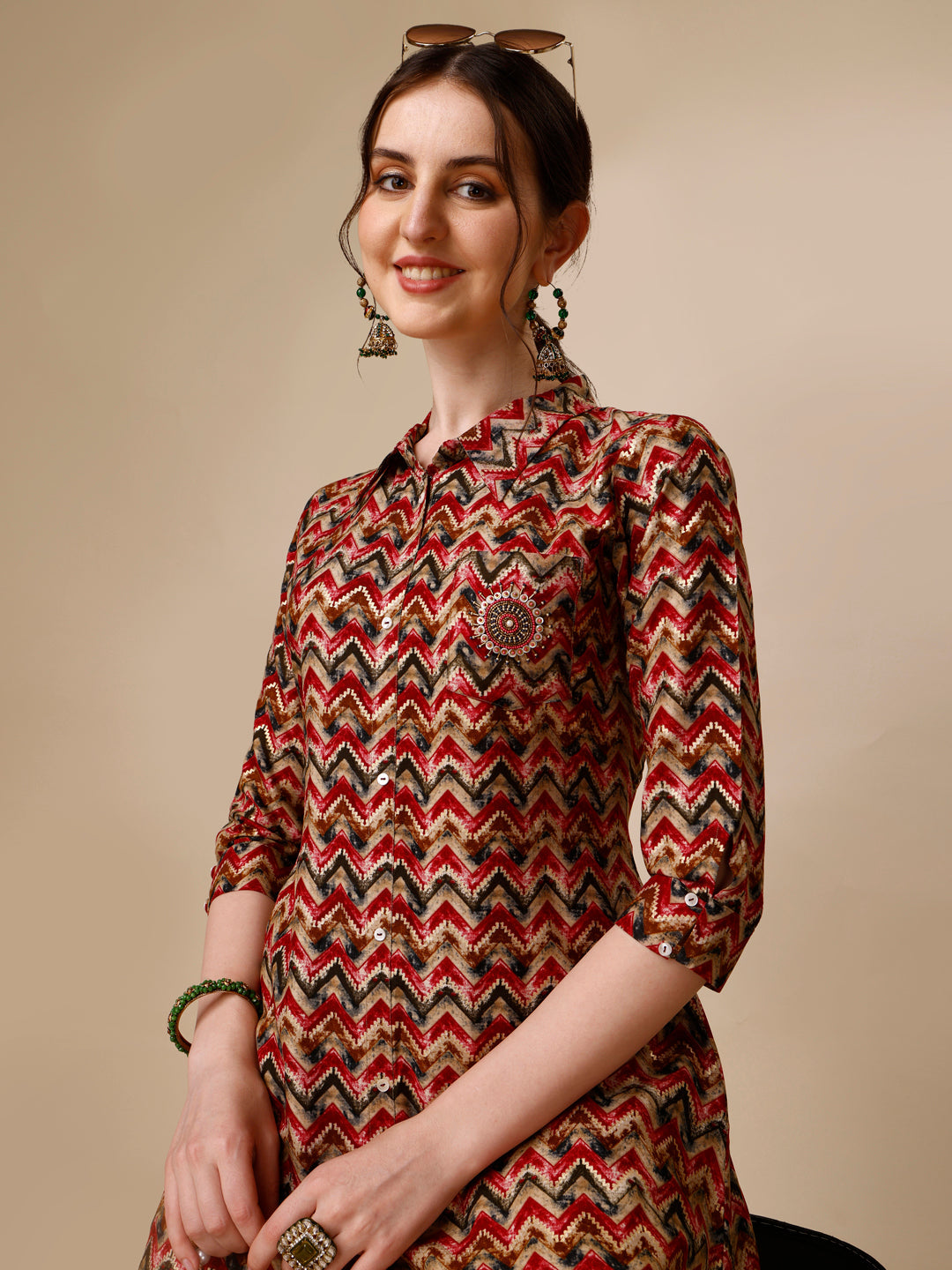 Placement Embroidered Chevron Printed Asymmetric Co-Ords, Multicolor - Hiral Fashion