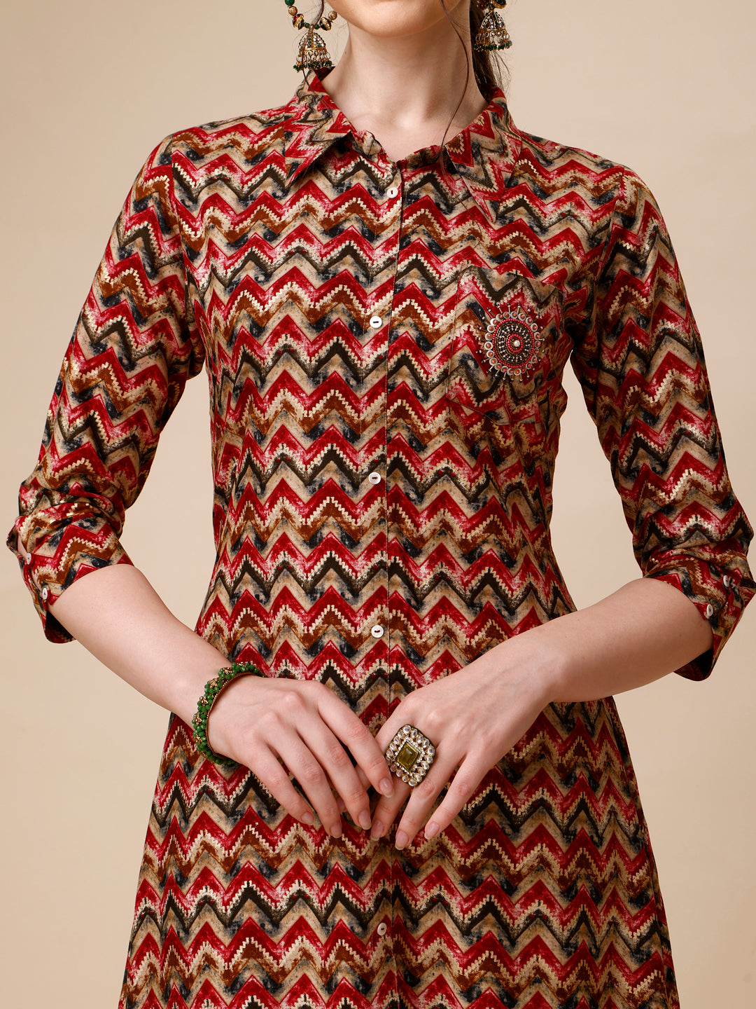 Placement Embroidered Chevron Printed Asymmetric Co-Ords, Multicolor - Hiral Fashion