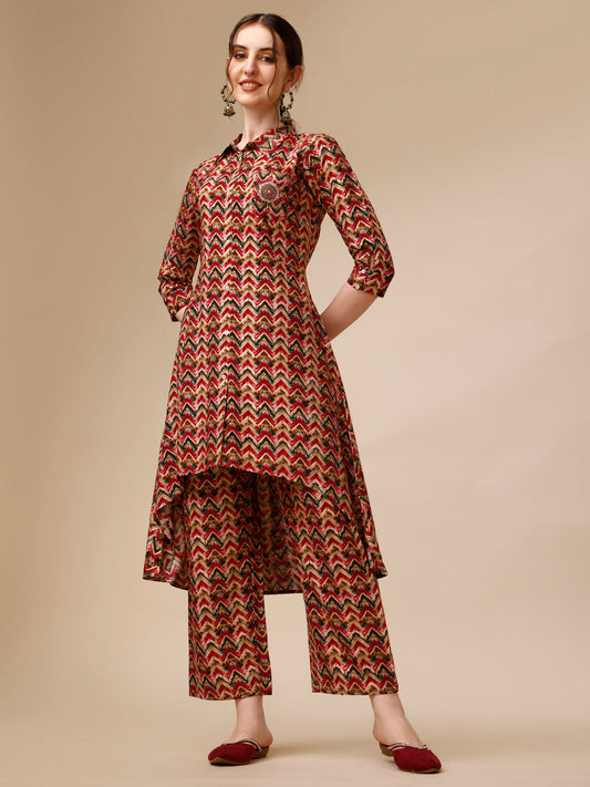 Placement Embroidered Chevron Printed Asymmetric Co-Ords, Multicolor - Hiral Fashion
