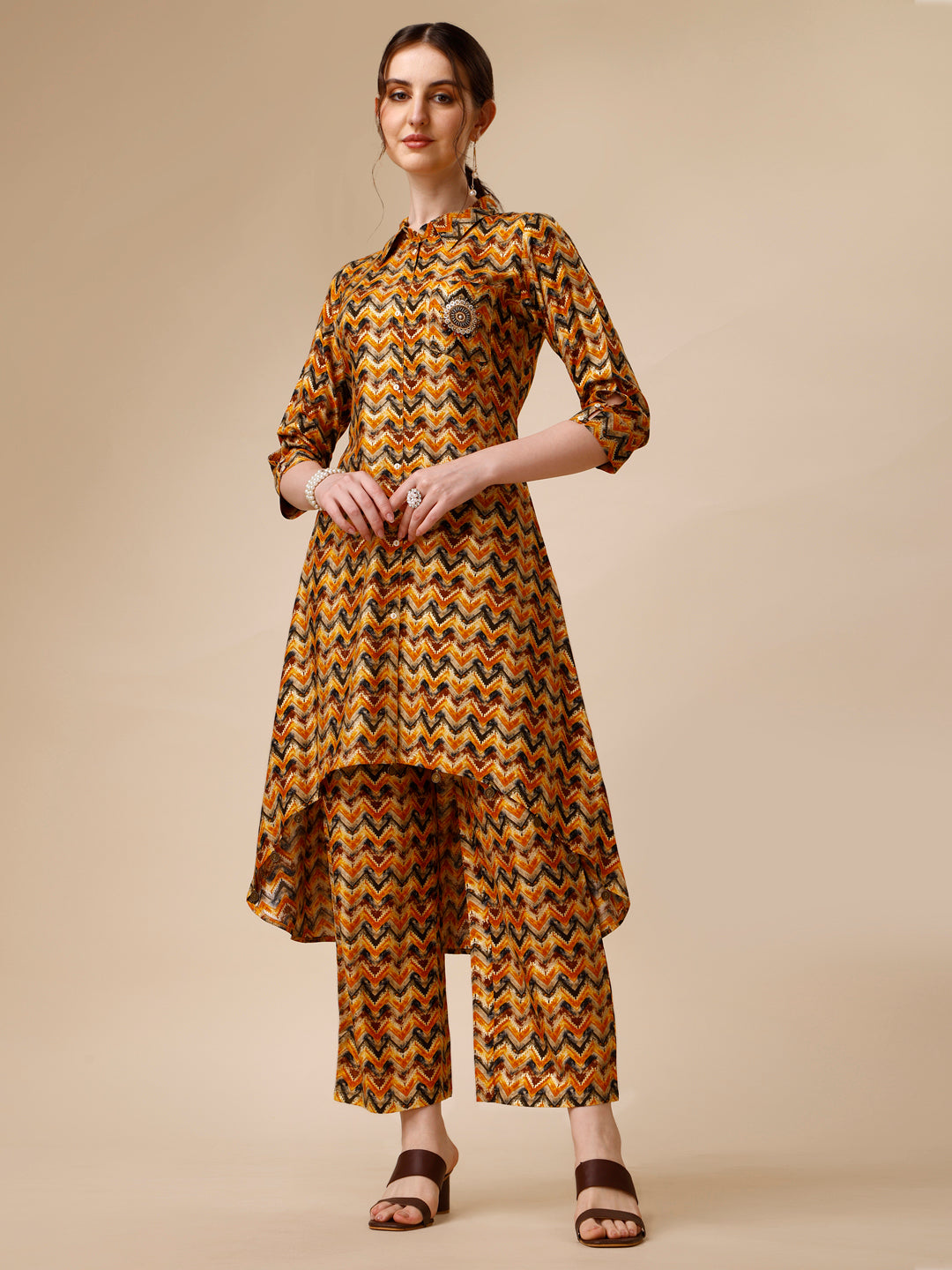Placement Embroidered Chevron Printed Asymmetric Co-Ords, Multicolor - Hiral Fashion
