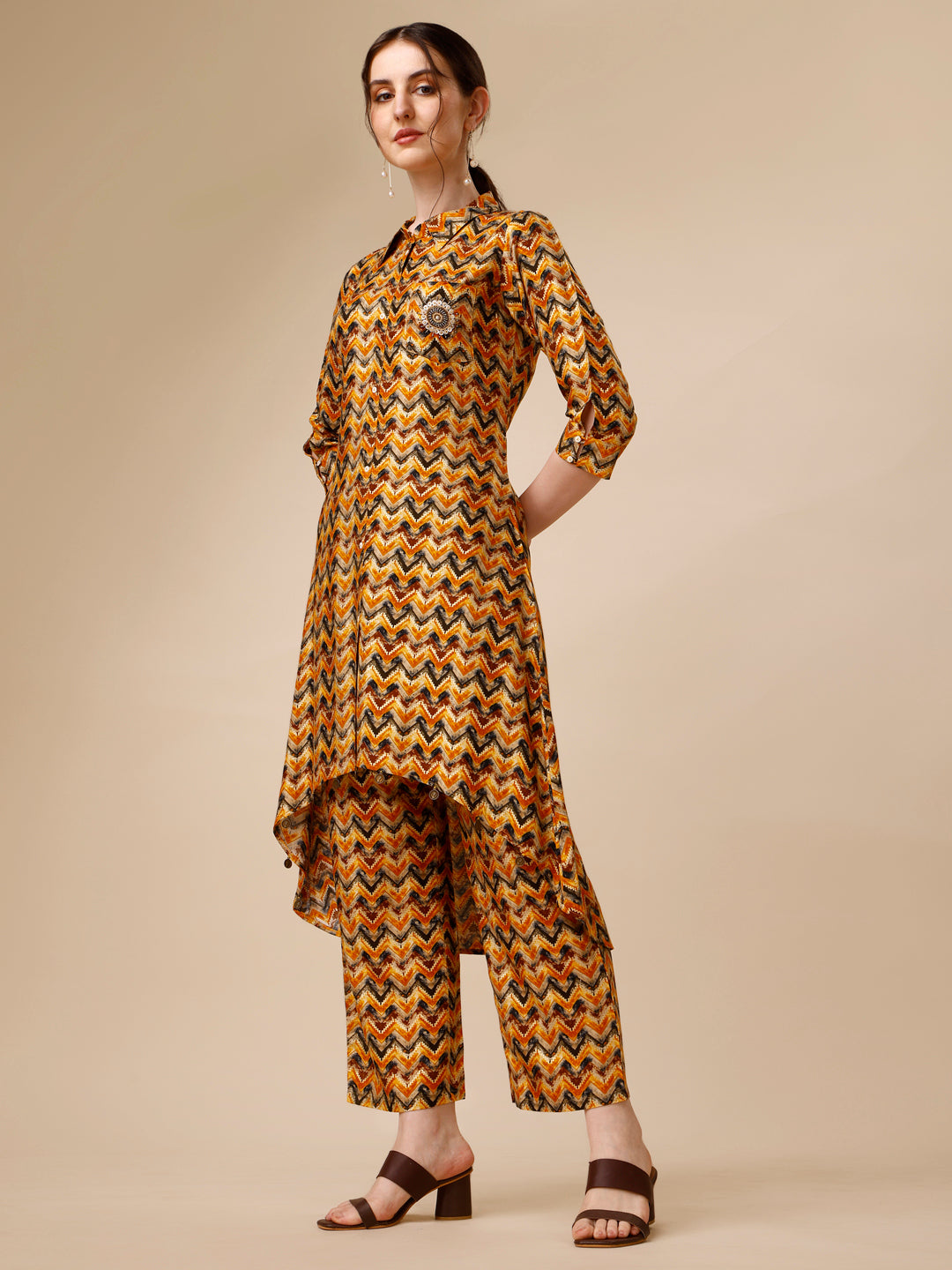 Placement Embroidered Chevron Printed Asymmetric Co-Ords, Multicolor - Hiral Fashion