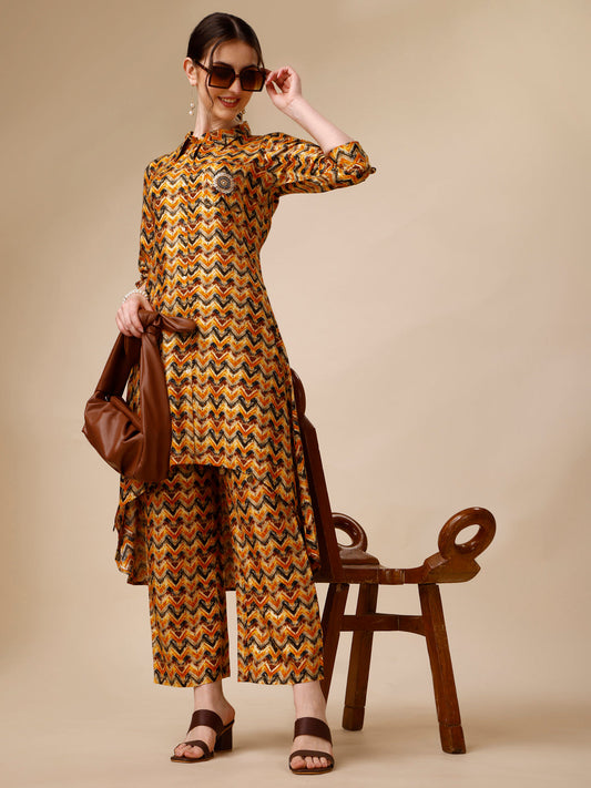 Placement Embroidered Chevron Printed Asymmetric Co-Ords, Multicolor - Hiral Fashion