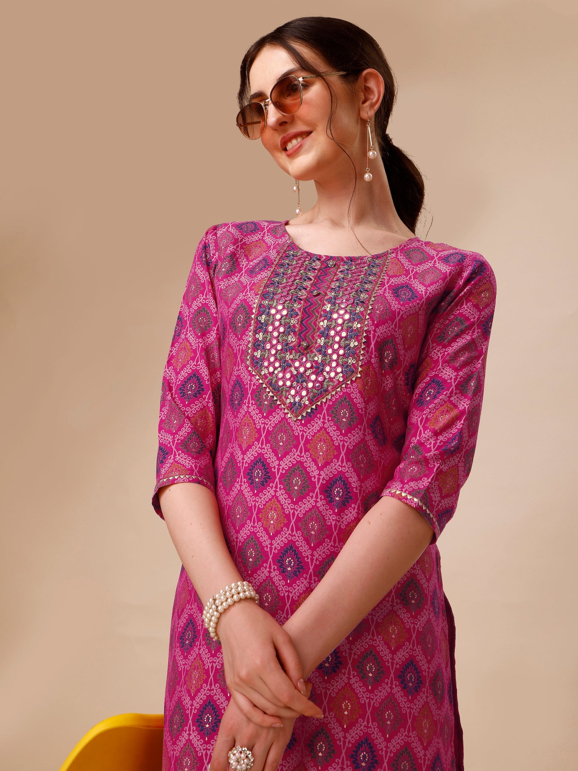 Mirror Embroidered & Printed Kurta With Pant & Dupatta Set, Multicolor - Hiral Fashion