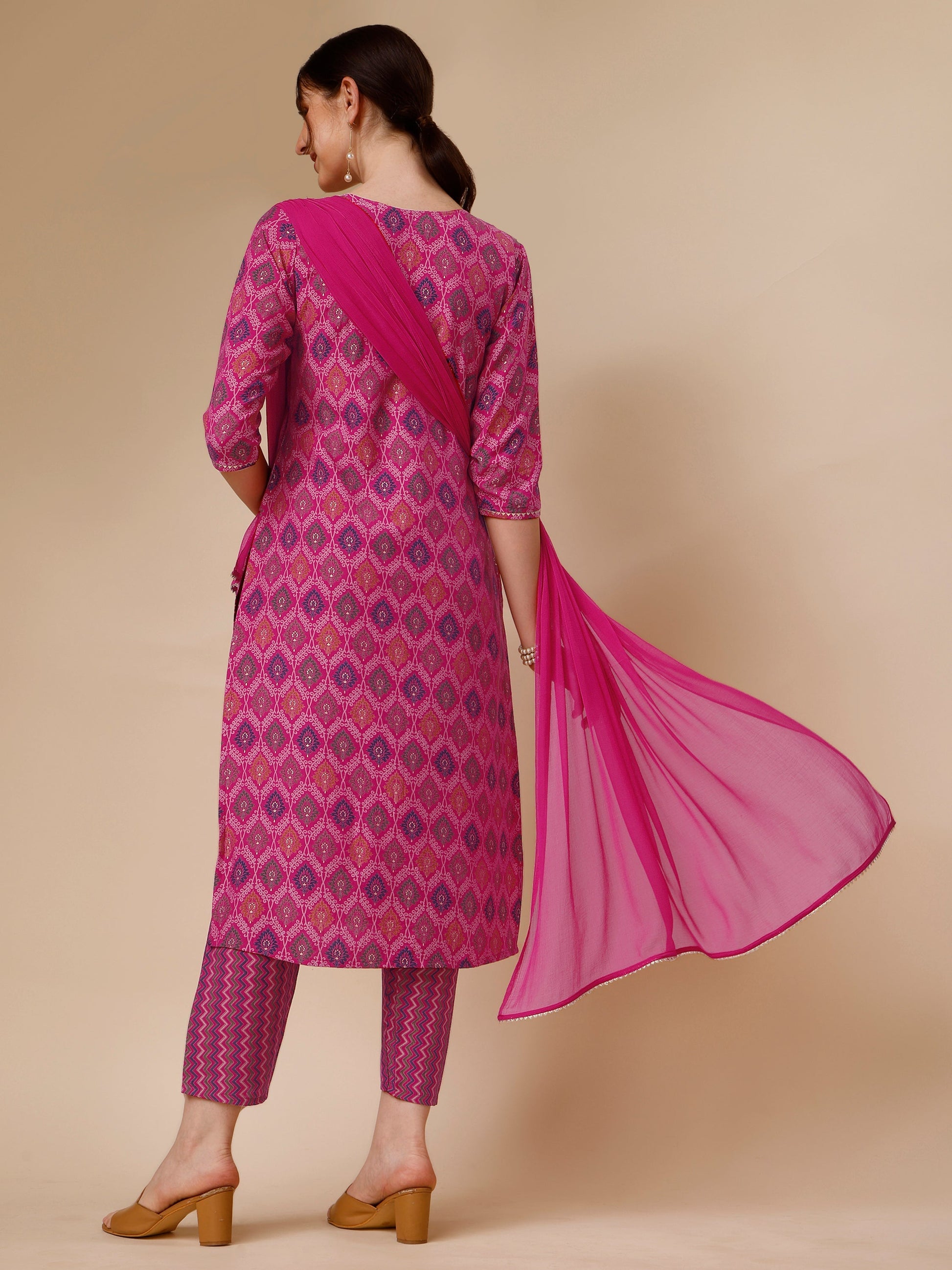 Mirror Embroidered & Printed Kurta With Pant & Dupatta Set, Multicolor - Hiral Fashion