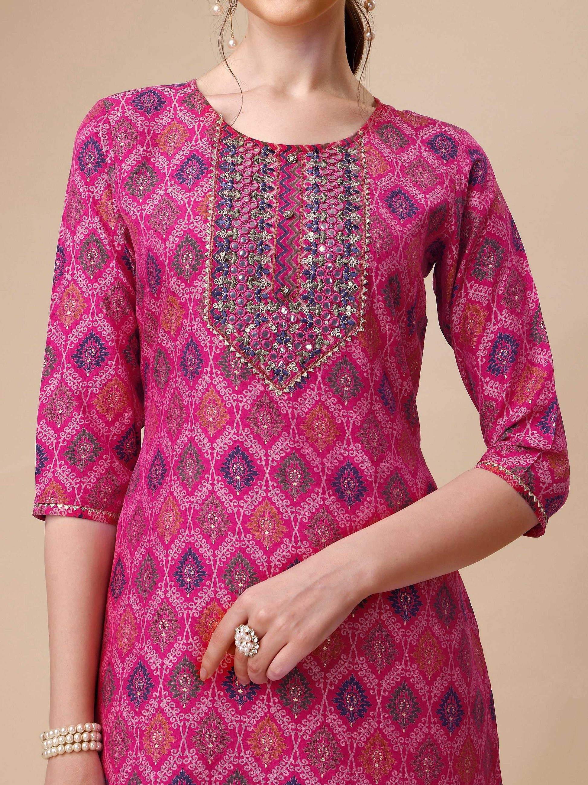 Mirror Embroidered & Printed Kurta With Pant & Dupatta Set, Multicolor - Hiral Fashion