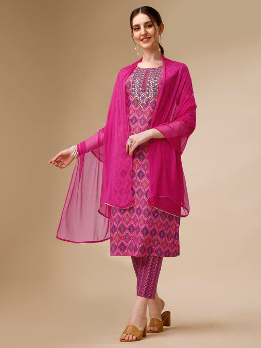 Mirror Embroidered & Printed Kurta With Pant & Dupatta Set, Multicolor - Hiral Fashion