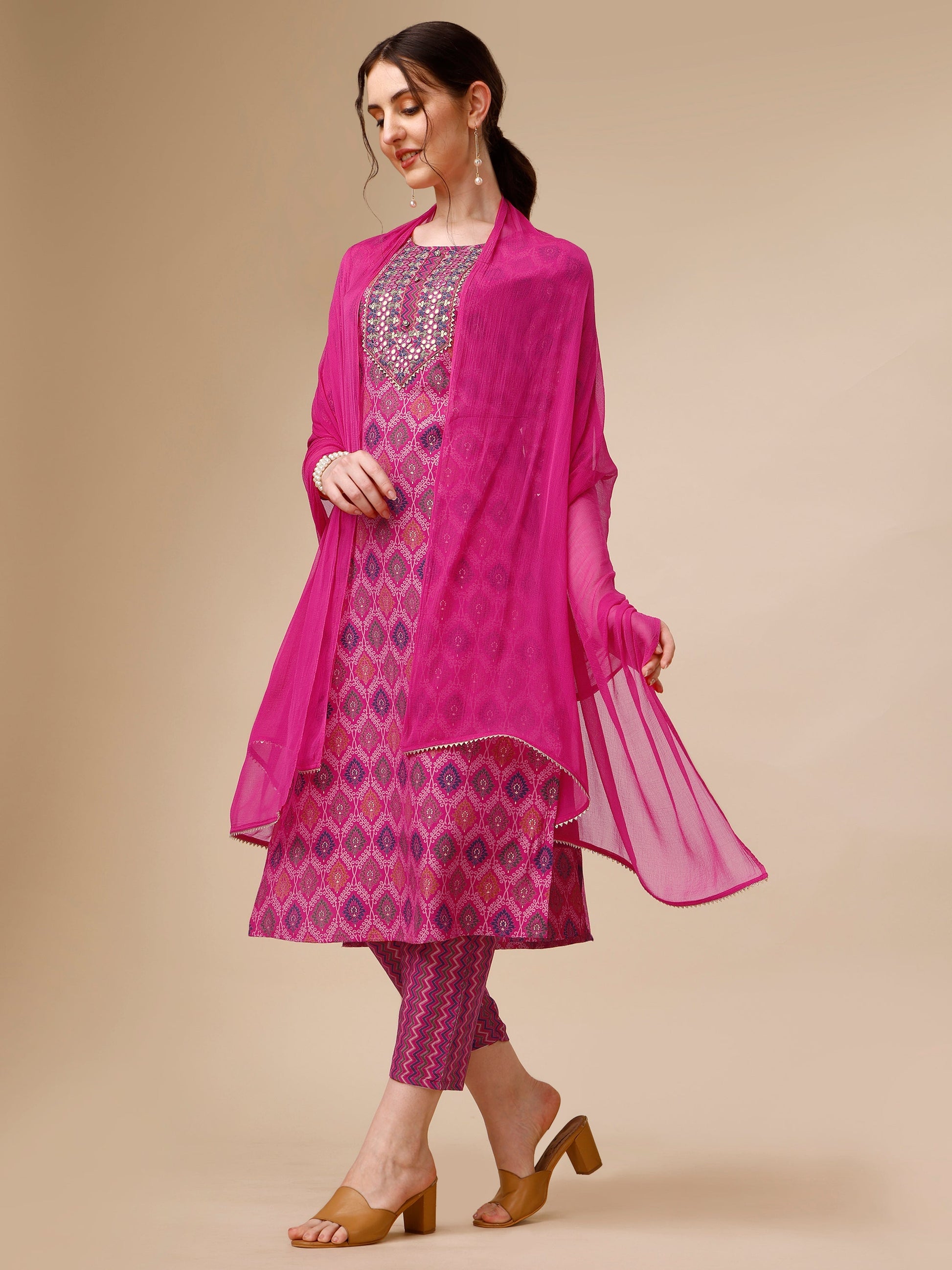 Mirror Embroidered & Printed Kurta With Pant & Dupatta Set, Multicolor - Hiral Fashion