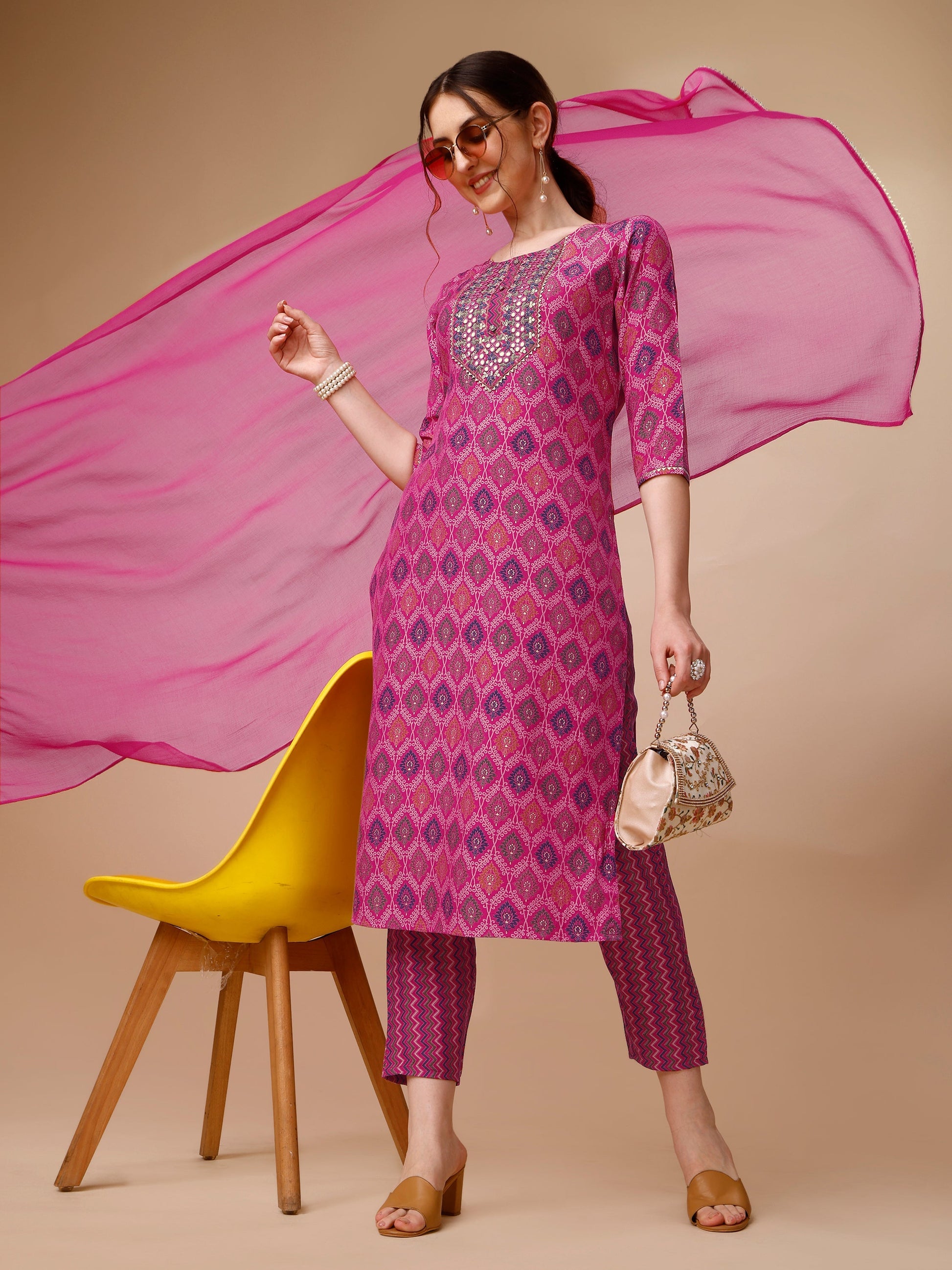 Mirror Embroidered & Printed Kurta With Pant & Dupatta Set, Multicolor - Hiral Fashion