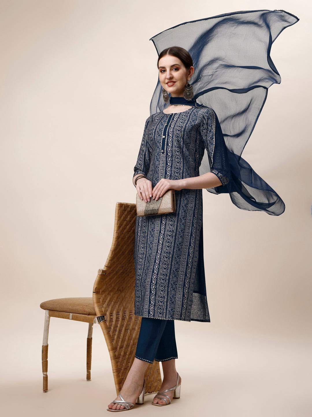 Printed Kurta With Pant And Dupatta Set, Multicolor - Hiral Fashion