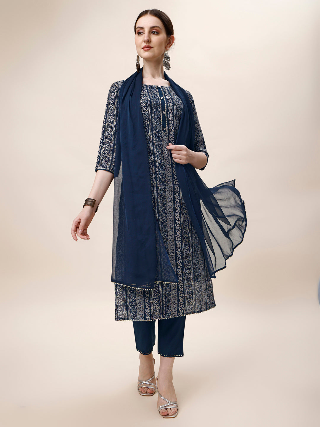 Printed Kurta With Pant And Dupatta Set, Multicolor - Hiral Fashion