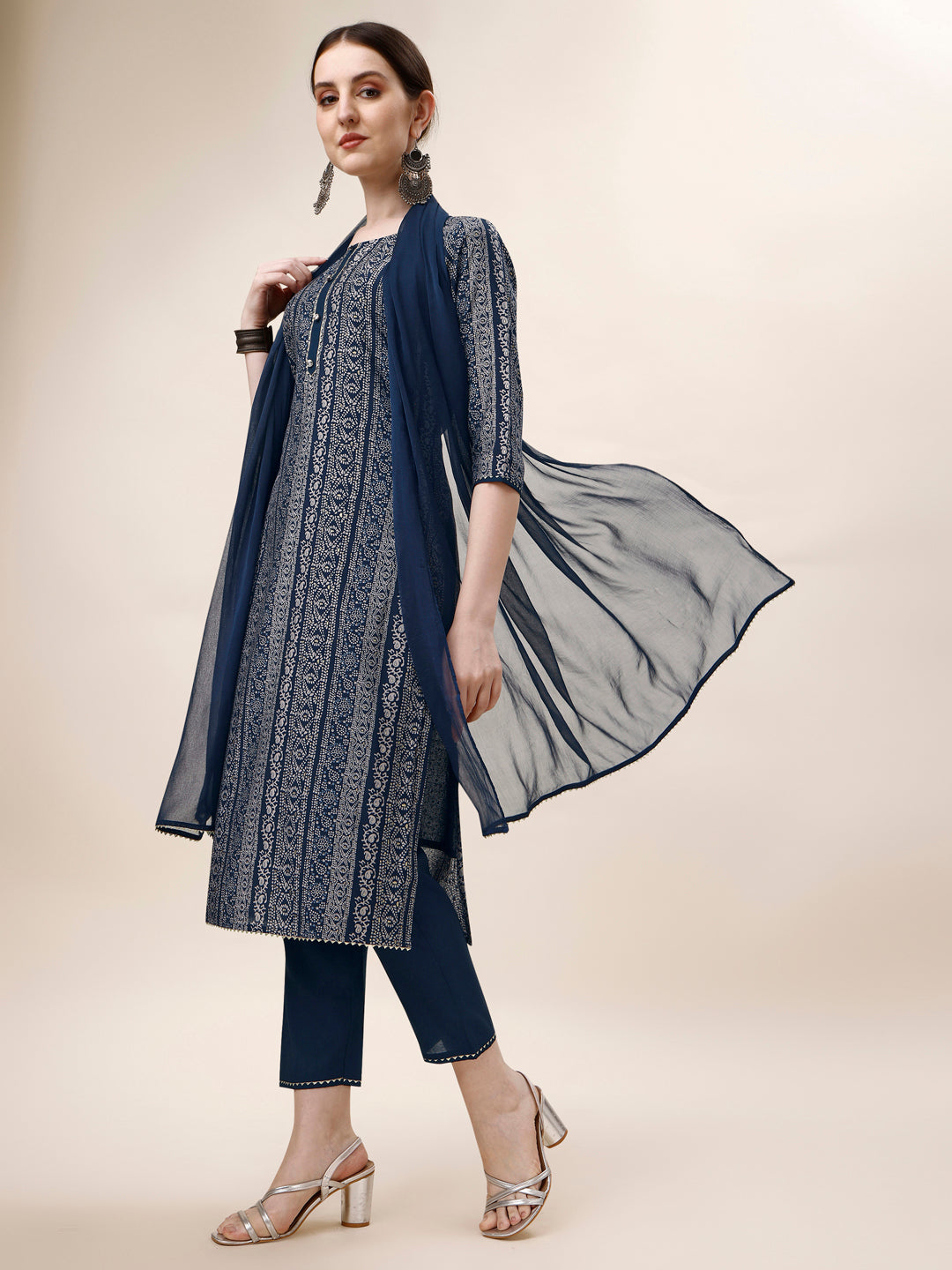 Printed Kurta With Pant And Dupatta Set, Multicolor - Hiral Fashion