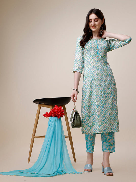 Printed Kurta With Pant And Dupatta Set, Multicolor - Hiral Fashion