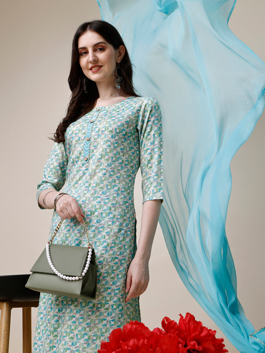 Printed Kurta With Pant And Dupatta Set, Multicolor - Hiral Fashion