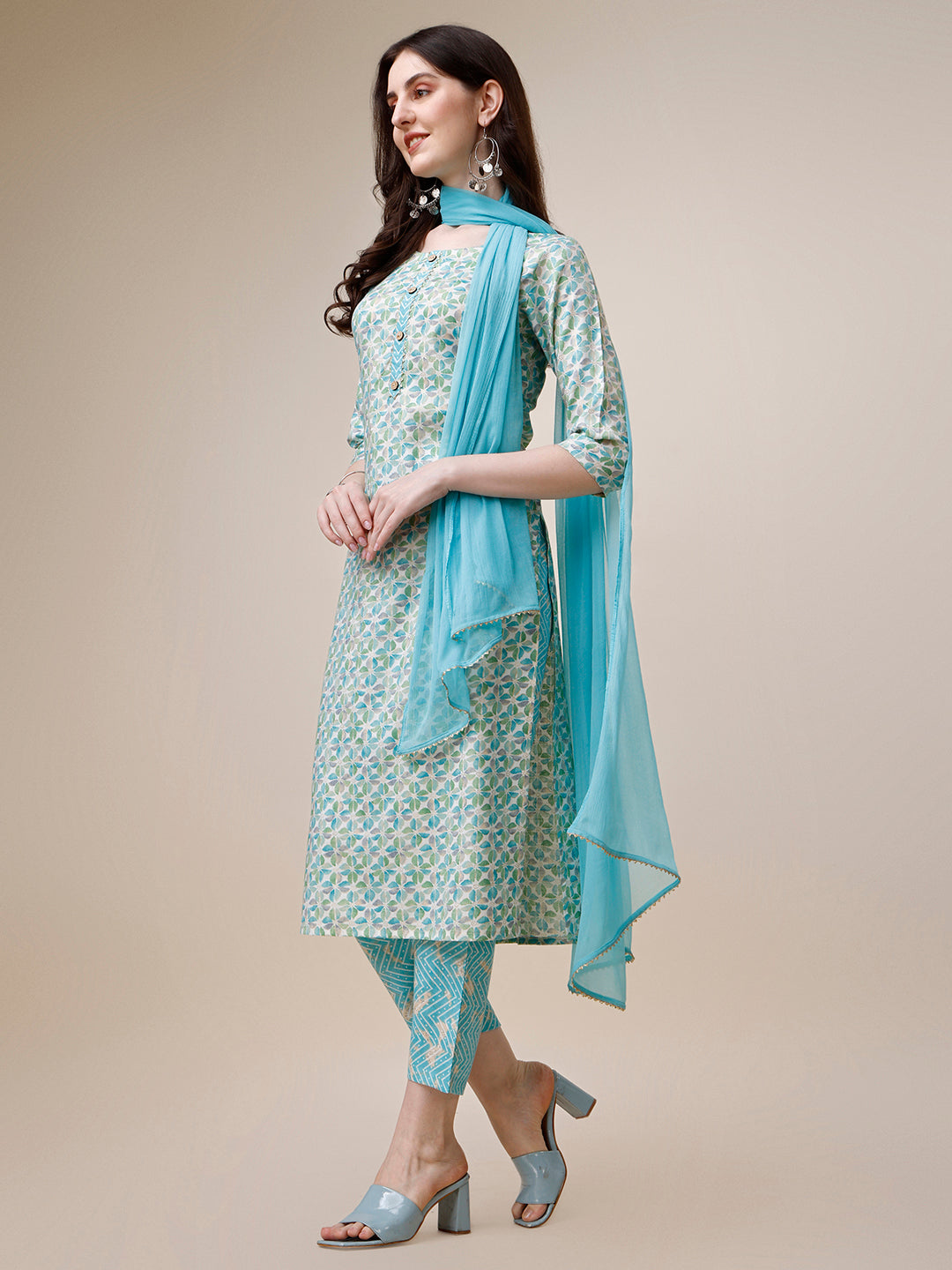 Printed Kurta With Pant And Dupatta Set, Multicolor - Hiral Fashion