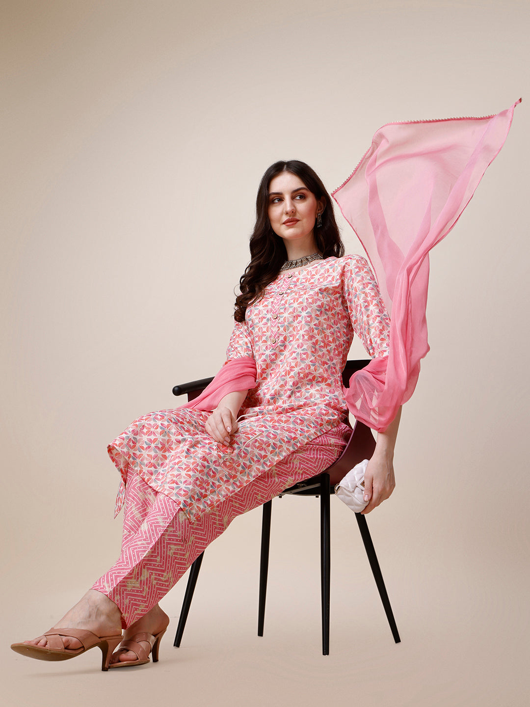 Printed Kurta With Pant And Dupatta Set, Multicolor - Hiral Fashion