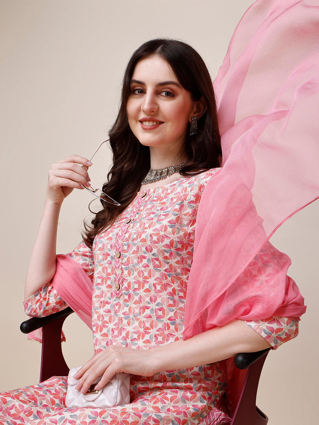 Printed Kurta With Pant And Dupatta Set, Multicolor - Hiral Fashion