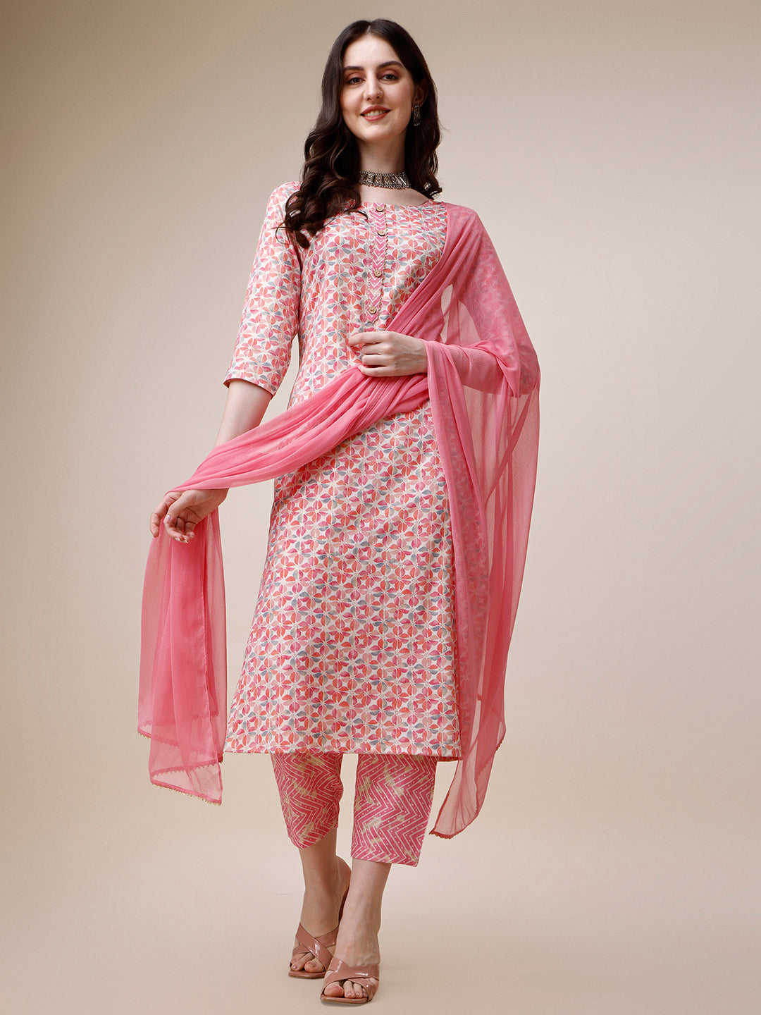 Printed Kurta With Pant And Dupatta Set, Multicolor - Hiral Fashion