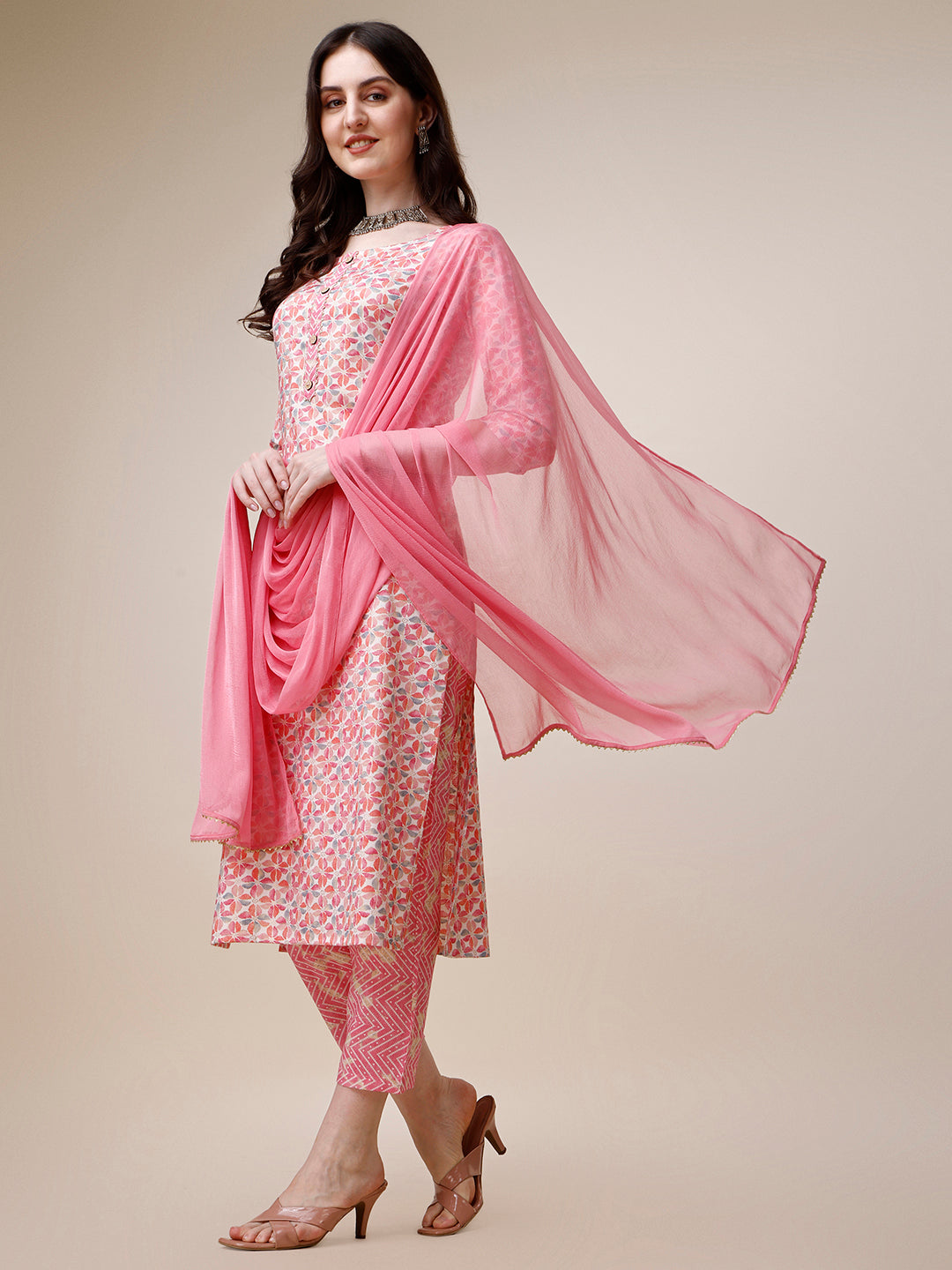 Printed Kurta With Pant And Dupatta Set, Multicolor - Hiral Fashion