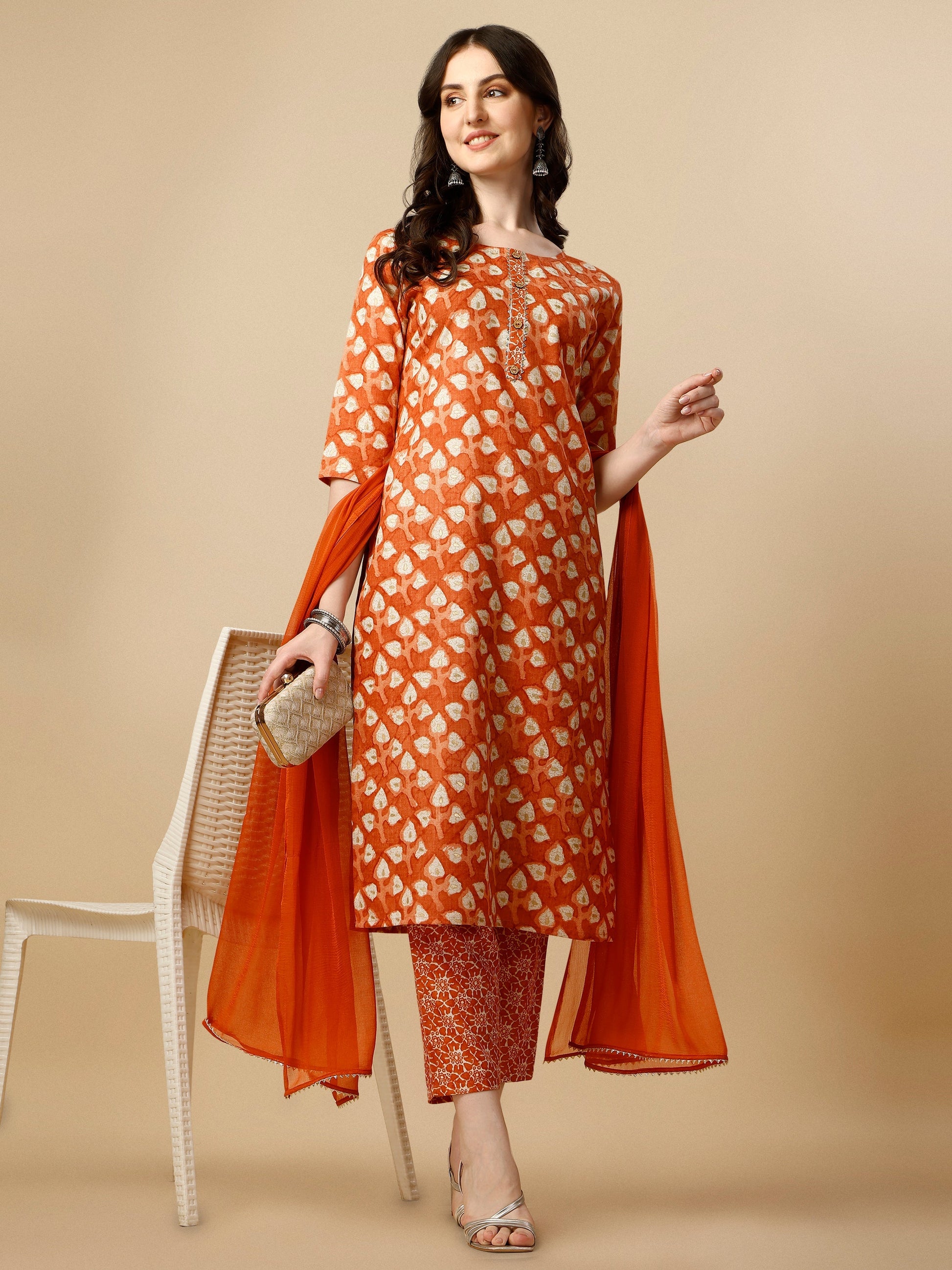 Printed Kurta With Pant And Dupatta Set, Multicolor - Hiral Fashion