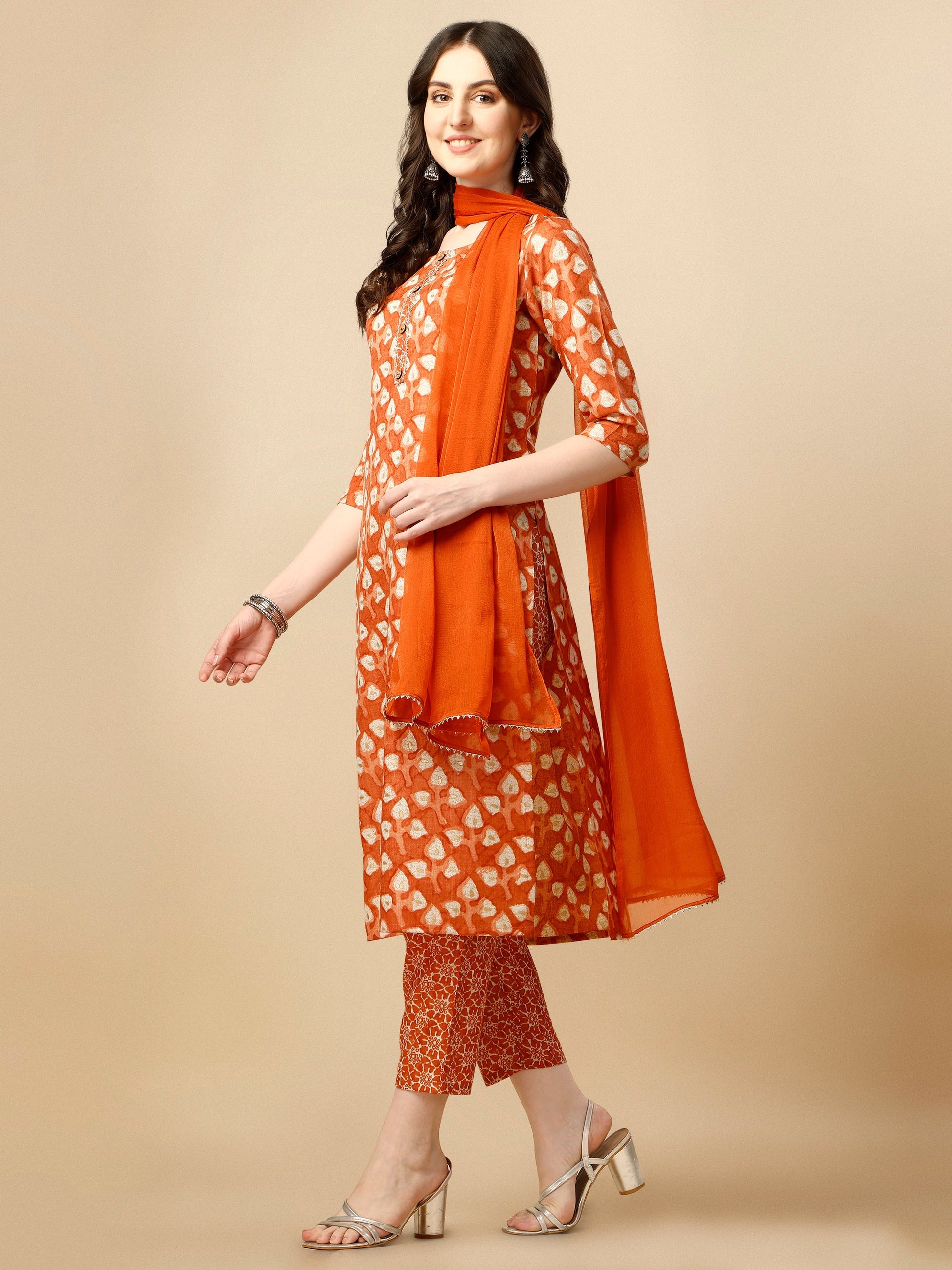 Printed Kurta With Pant And Dupatta Set, Multicolor - Hiral Fashion