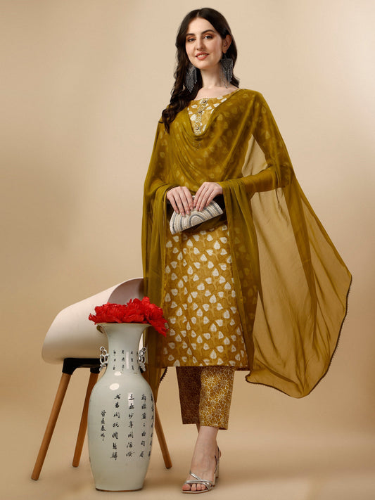 Printed Kurta With Pant & Dupatta Set, Multicolor - Hiral Fashion