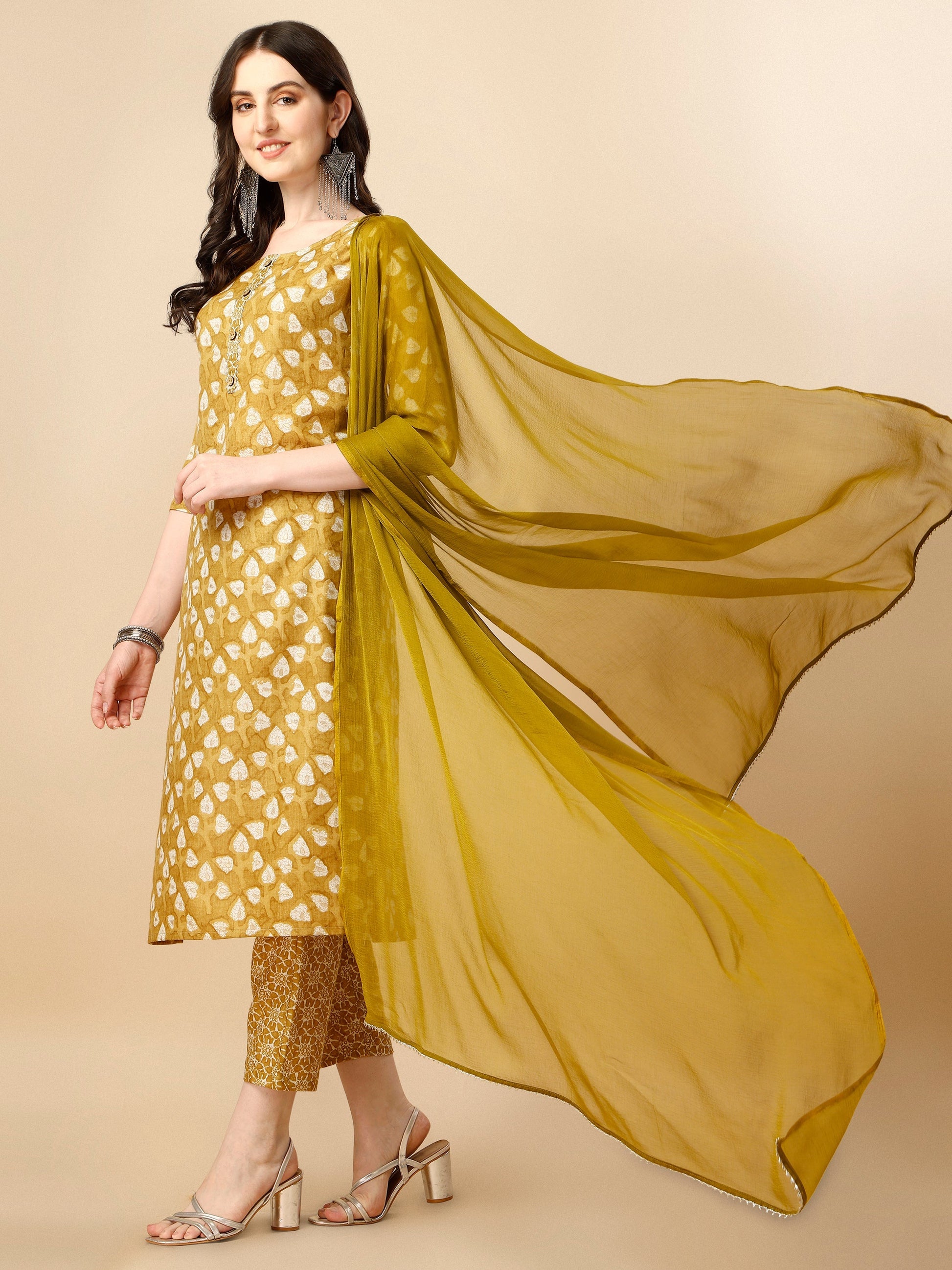 Printed Kurta With Pant & Dupatta Set, Multicolor - Hiral Fashion