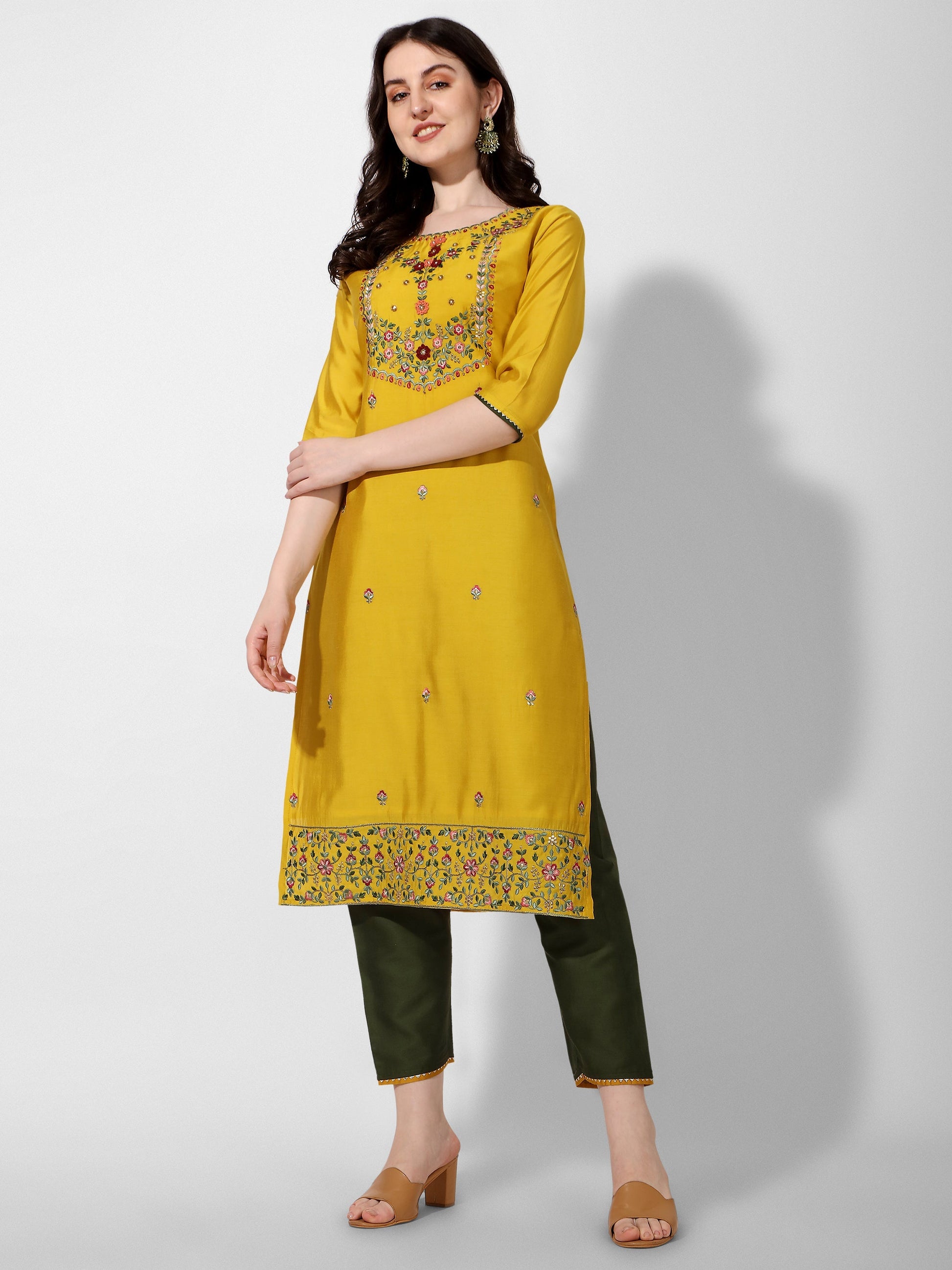 Embroidered Kurta With Pant & Printed Dupatta Set, Multicolor - Hiral Fashion