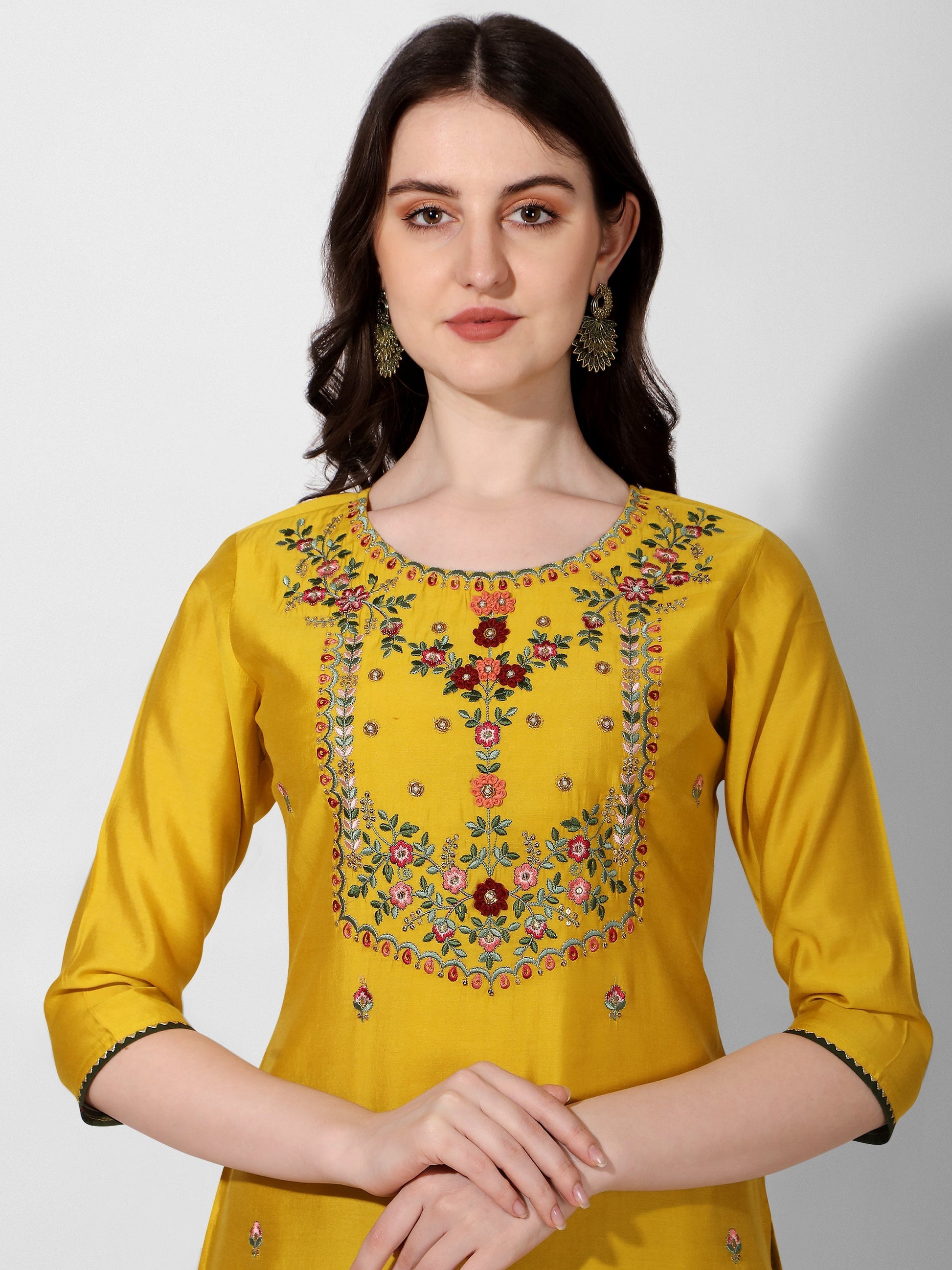 Embroidered Kurta With Pant & Printed Dupatta Set, Multicolor - Hiral Fashion