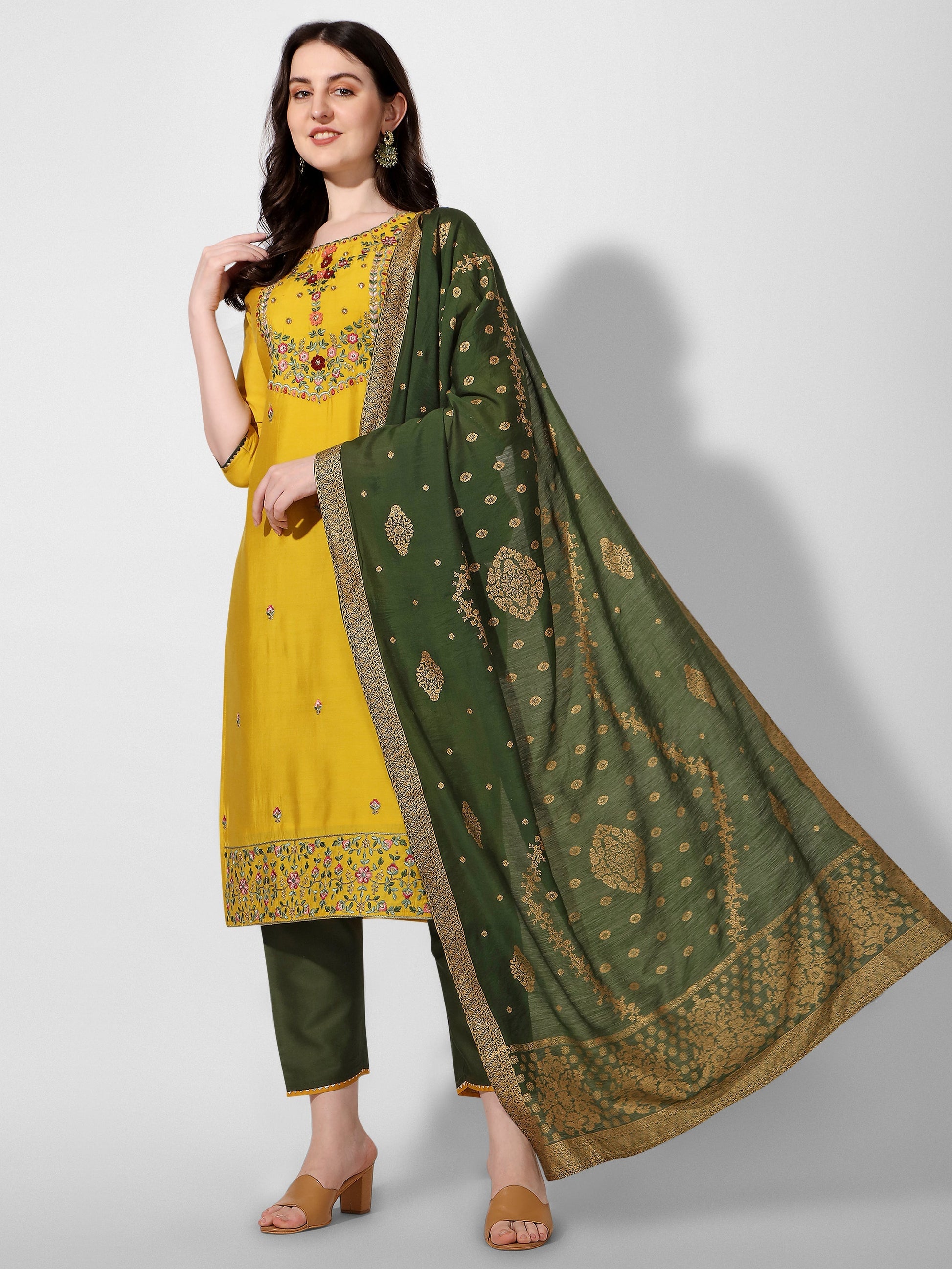 Embroidered Kurta With Pant & Printed Dupatta Set, Multicolor - Hiral Fashion