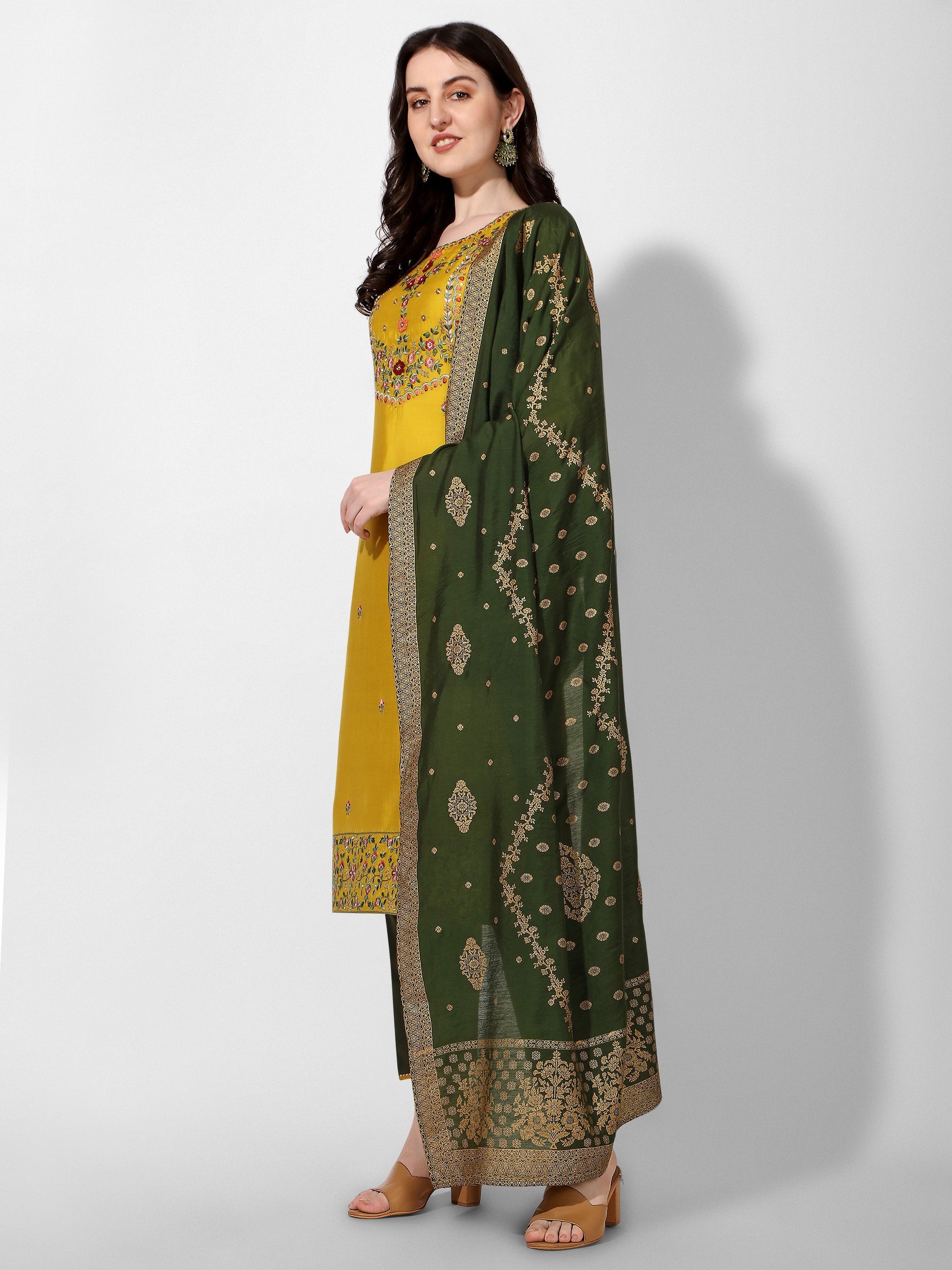 Embroidered Kurta With Pant & Printed Dupatta Set, Multicolor - Hiral Fashion