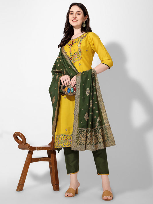 Embroidered Kurta With Pant & Printed Dupatta Set, Multicolor - Hiral Fashion
