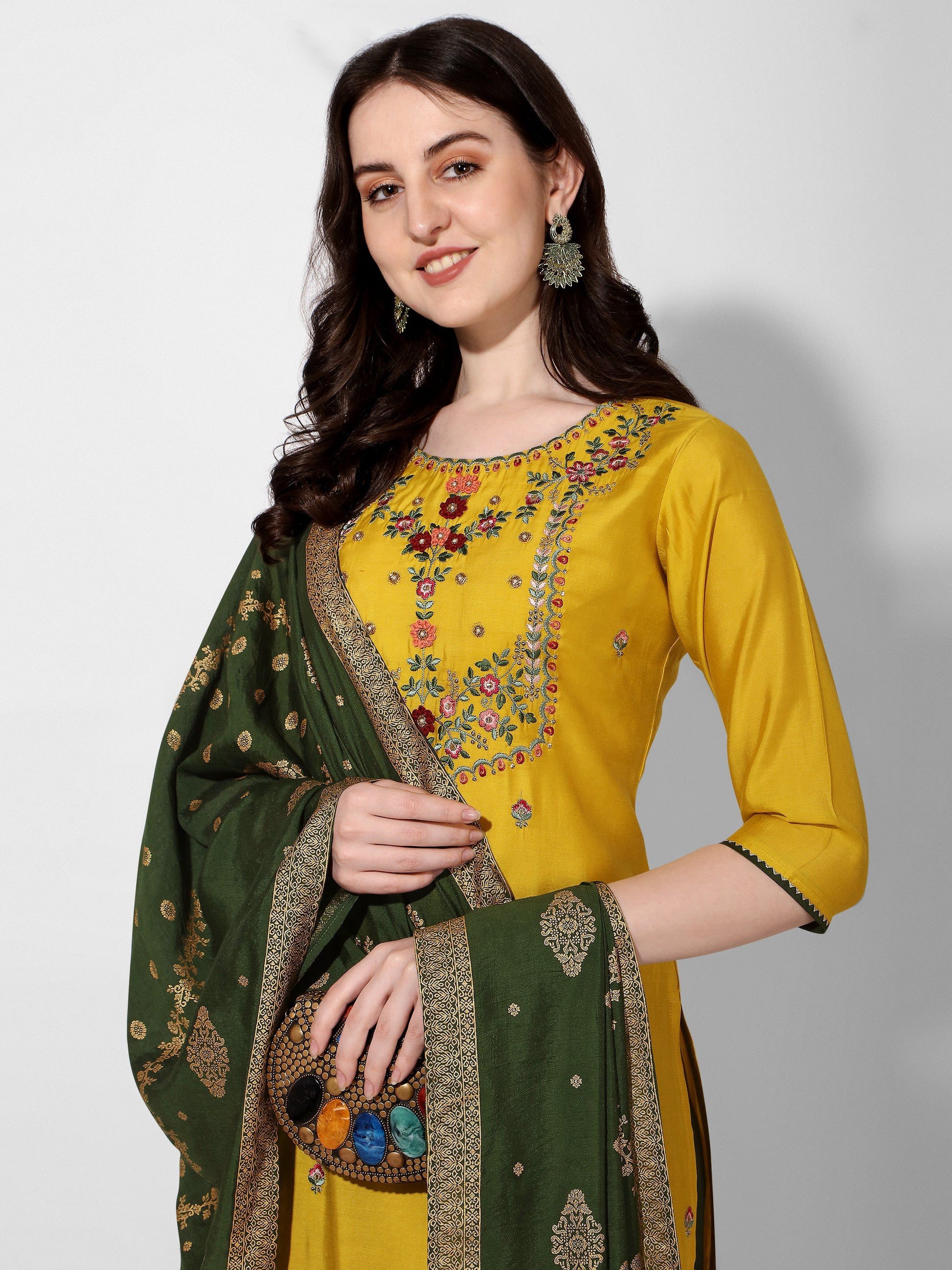 Embroidered Kurta With Pant & Printed Dupatta Set, Multicolor - Hiral Fashion