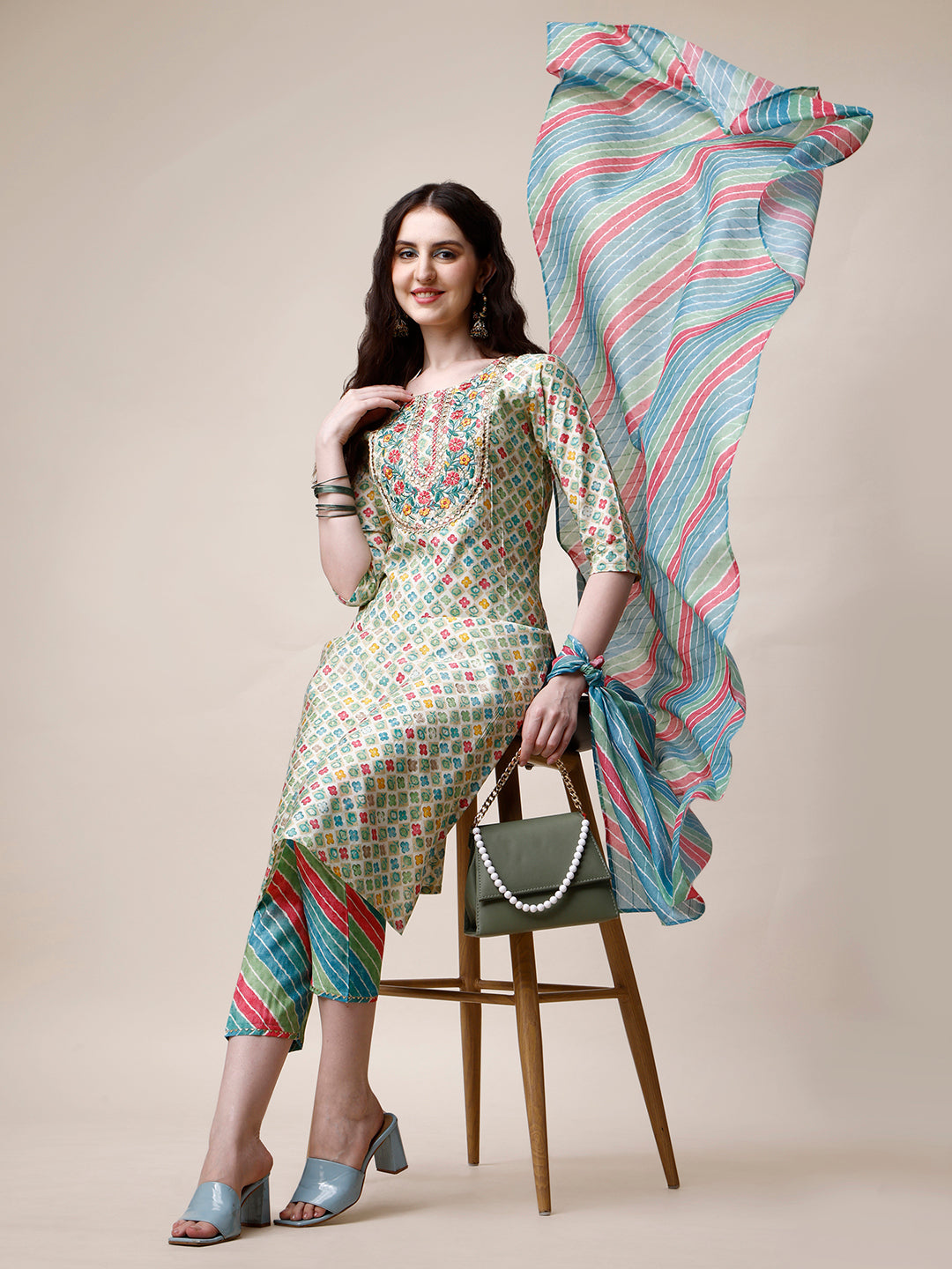 Ethnic Motif Printed & Embroidered Kurta With Pant And Dupatta Set, Multicolor - Hiral Fashion