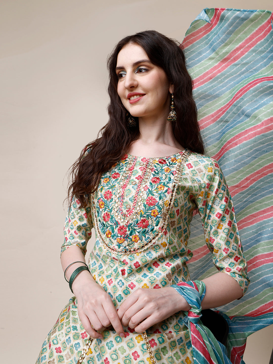 Ethnic Motif Printed & Embroidered Kurta With Pant And Dupatta Set, Multicolor - Hiral Fashion