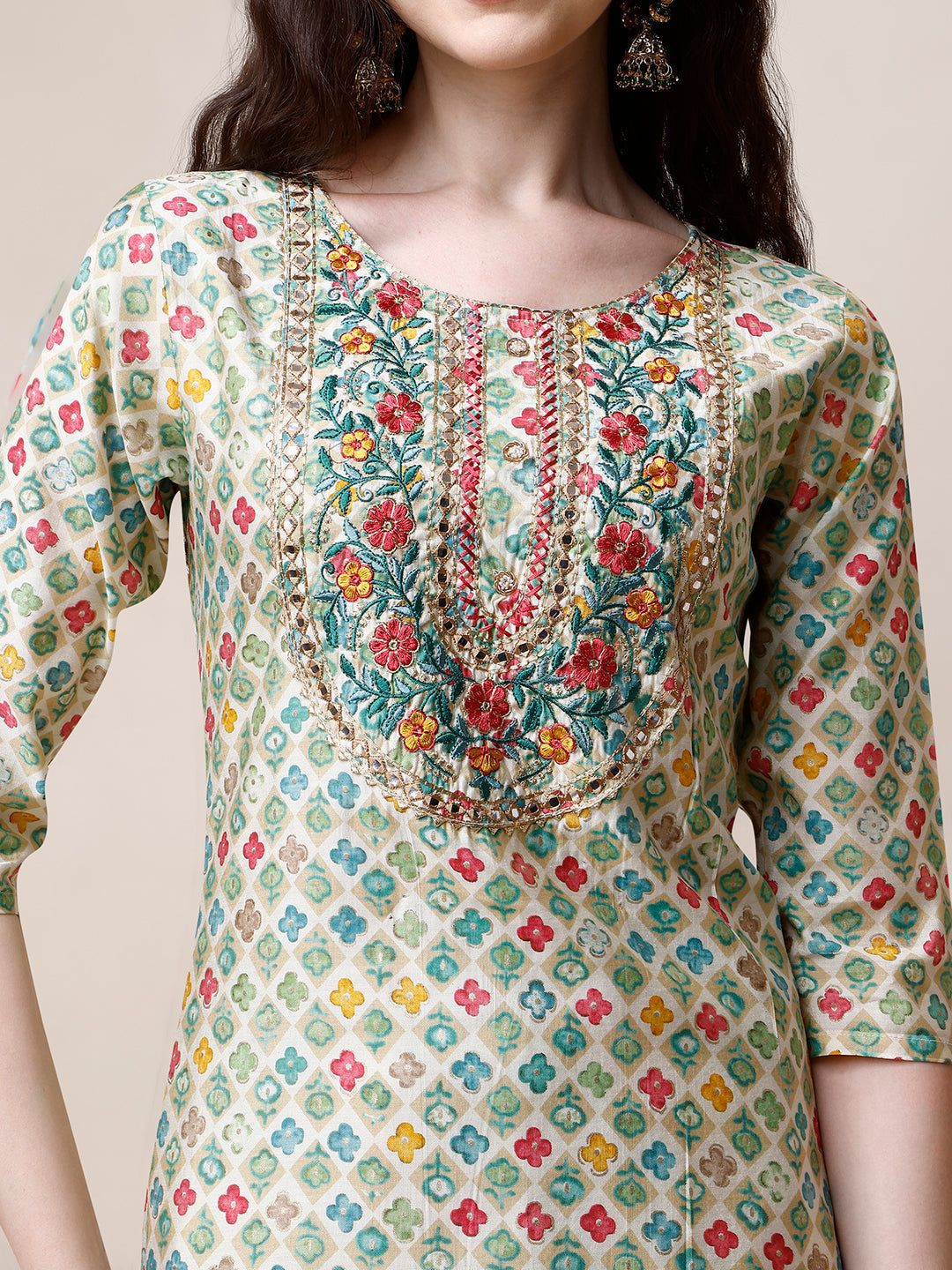Ethnic Motif Printed & Embroidered Kurta With Pant And Dupatta Set, Multicolor - Hiral Fashion