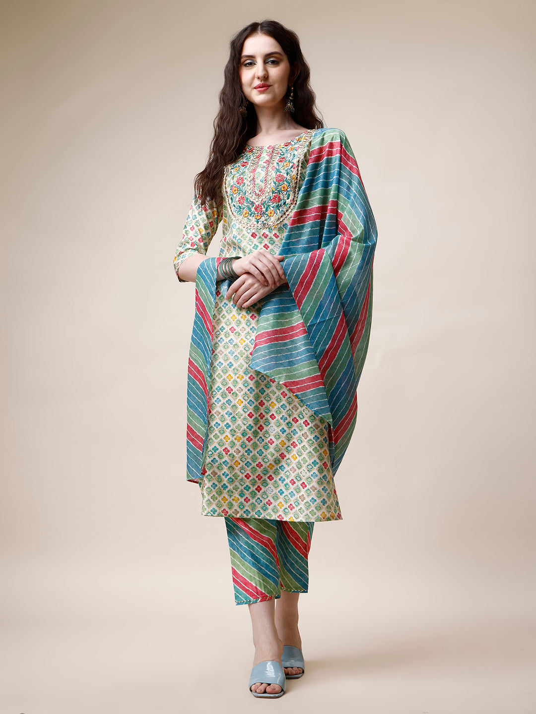 Ethnic Motif Printed & Embroidered Kurta With Pant And Dupatta Set, Multicolor - Hiral Fashion
