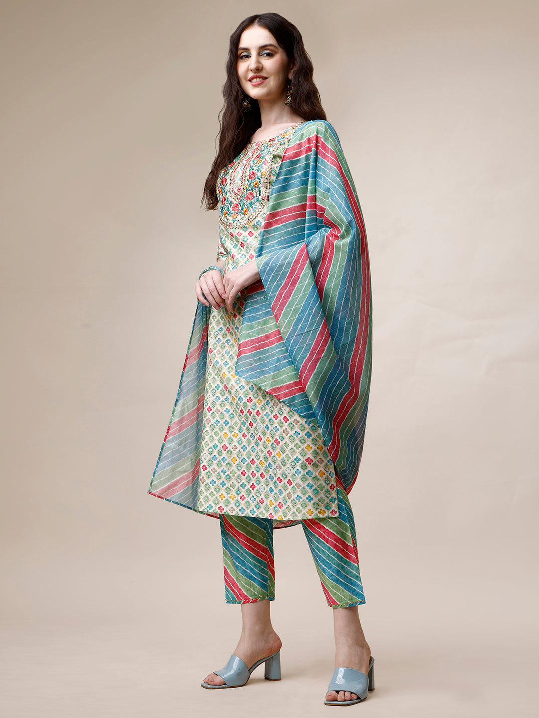 Ethnic Motif Printed & Embroidered Kurta With Pant And Dupatta Set, Multicolor - Hiral Fashion