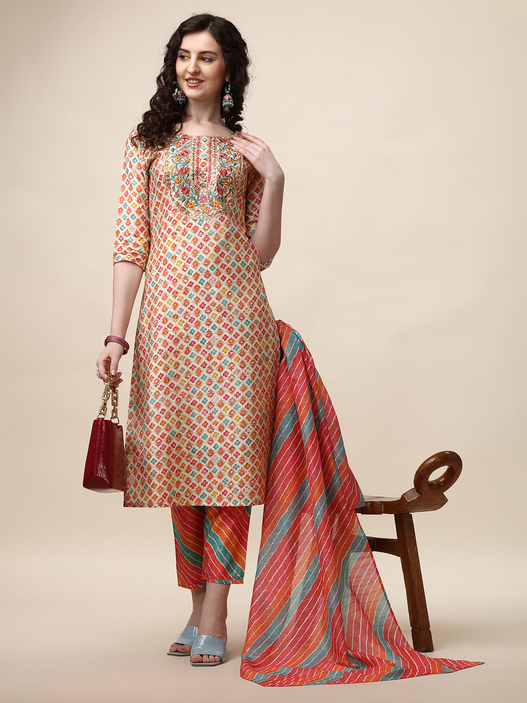 Ethnic Motif Printed & Embroidered Kurta With Pant And Dupatta Set, Multicolor - Hiral Fashion