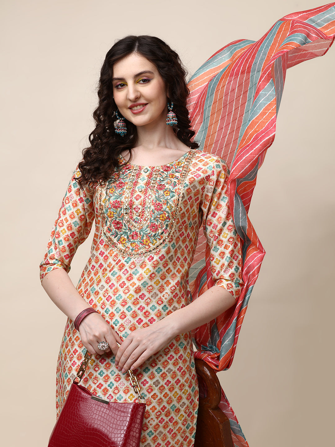 Ethnic Motif Printed & Embroidered Kurta With Pant And Dupatta Set, Multicolor - Hiral Fashion