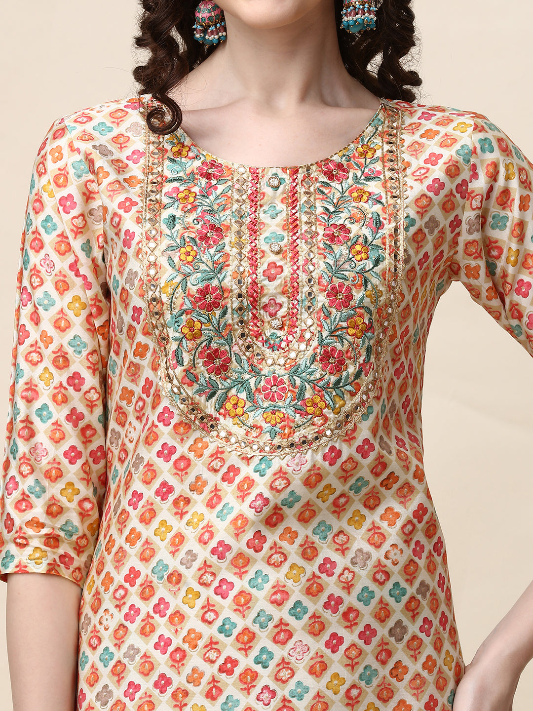 Ethnic Motif Printed & Embroidered Kurta With Pant And Dupatta Set, Multicolor - Hiral Fashion