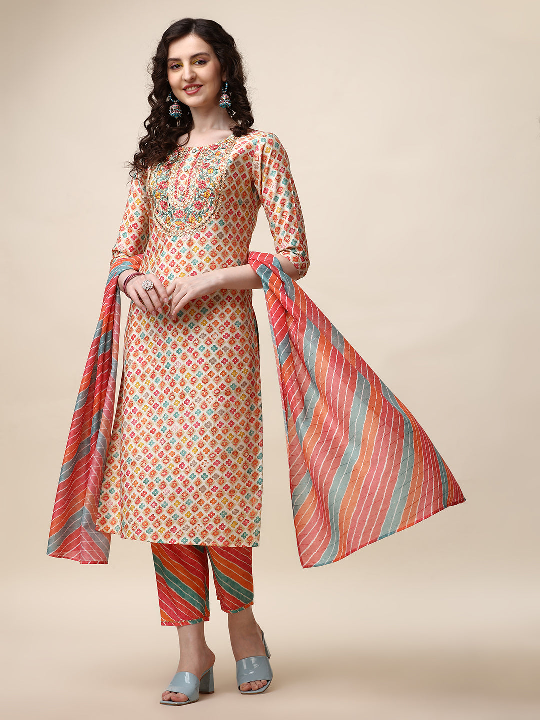 Ethnic Motif Printed & Embroidered Kurta With Pant And Dupatta Set, Multicolor - Hiral Fashion