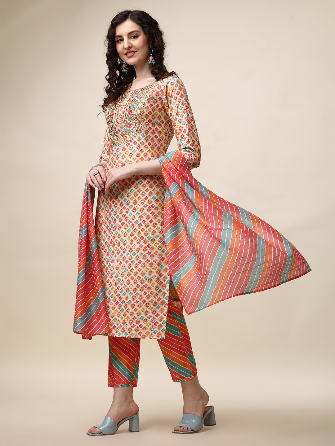 Ethnic Motif Printed & Embroidered Kurta With Pant And Dupatta Set, Multicolor - Hiral Fashion