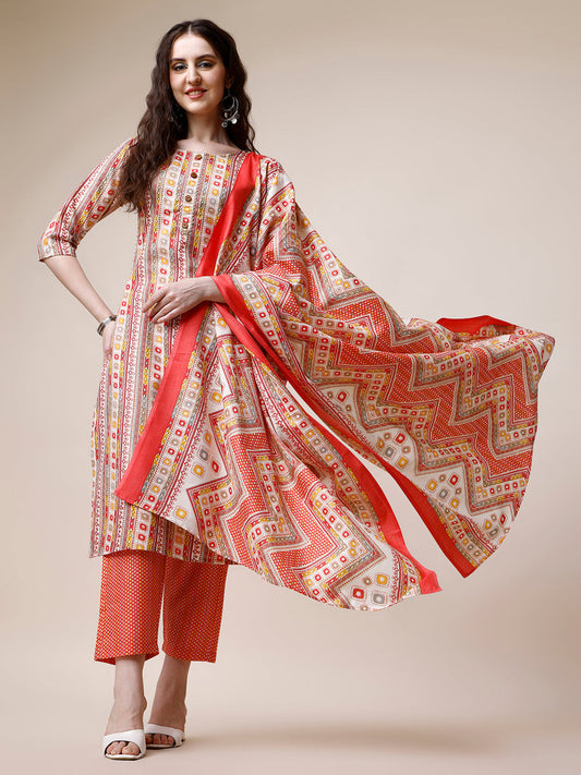 Cotton Printed Kurta With Pant And Dupatta Set, Multicolor - Hiral Fashion