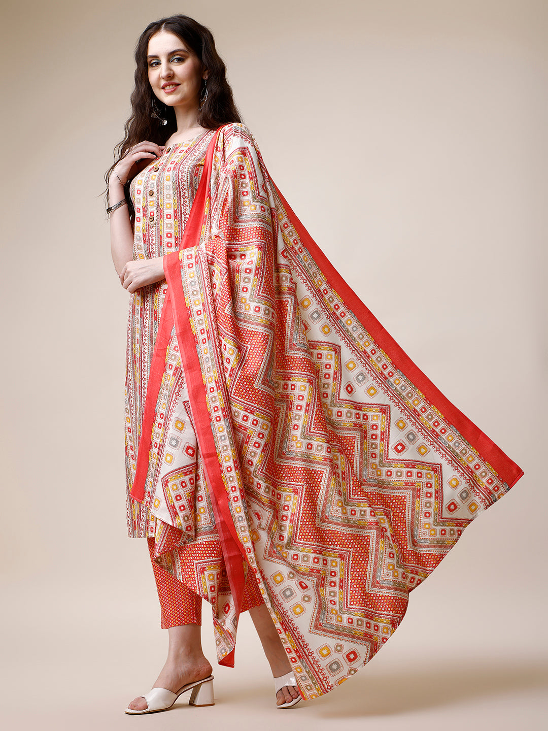Cotton Printed Kurta With Pant And Dupatta Set, Multicolor - Hiral Fashion