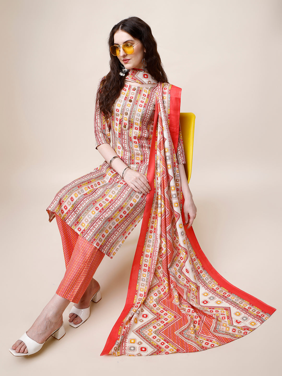 Cotton Printed Kurta With Pant And Dupatta Set, Multicolor - Hiral Fashion