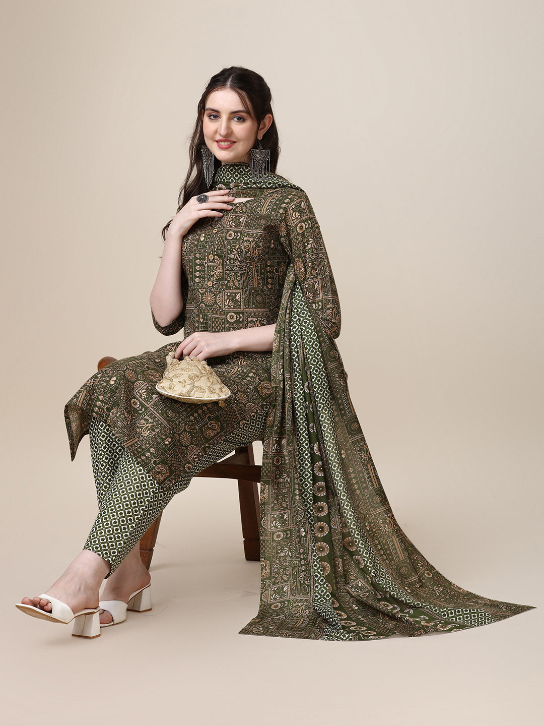 Cotton Printed Kurta With Pant And Printed Dupatta Set, Multicolor - Hiral Fashion