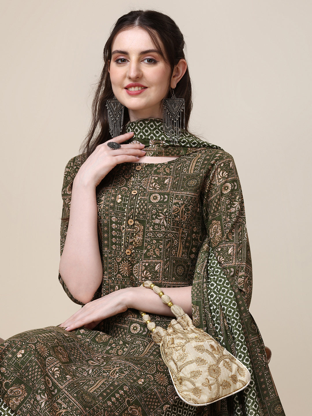 Cotton Printed Kurta With Pant And Printed Dupatta Set, Multicolor - Hiral Fashion