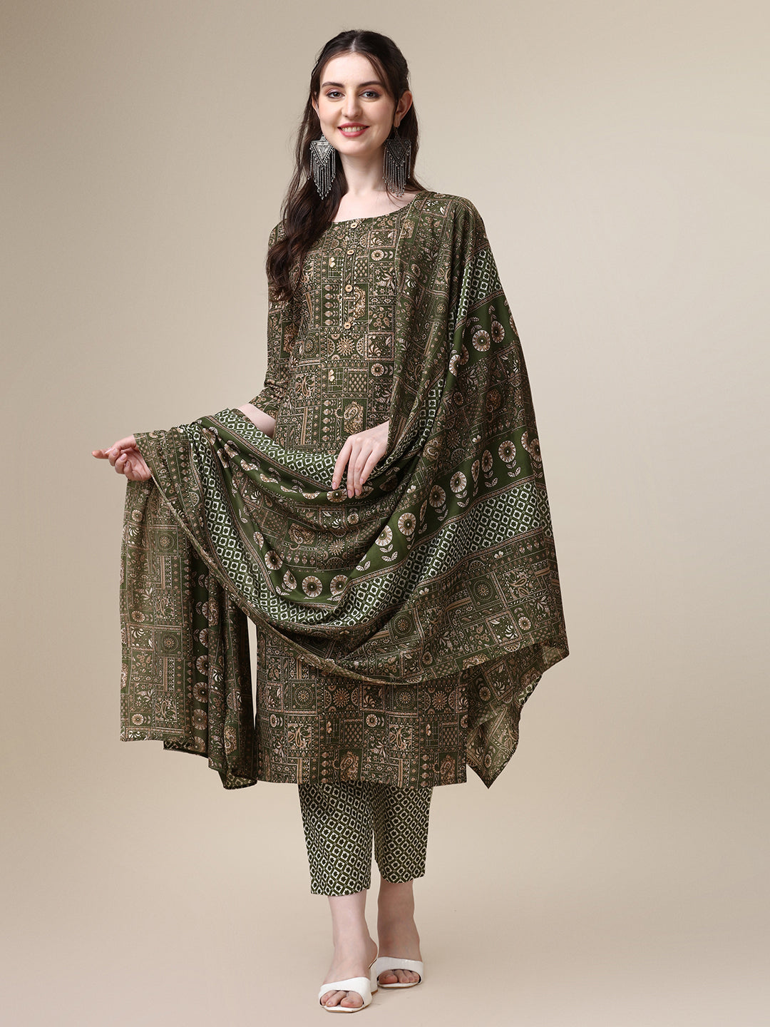 Cotton Printed Kurta With Pant And Printed Dupatta Set, Multicolor - Hiral Fashion