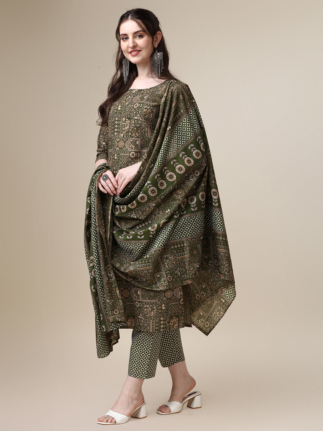 Cotton Printed Kurta With Pant And Printed Dupatta Set, Multicolor - Hiral Fashion